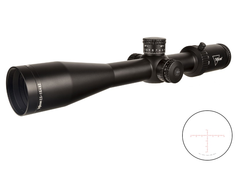 Trijicon Credo HX 2.5-15×42 SFP Riflescope, Red MOA Center Dot Reticle, Satin Black - scope and reticle overview