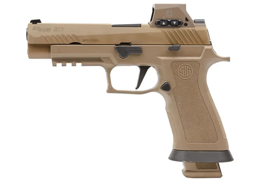 SIG Sauer M17X 9mm coyote pistol with ROMEO-M17, left-side view with magwell