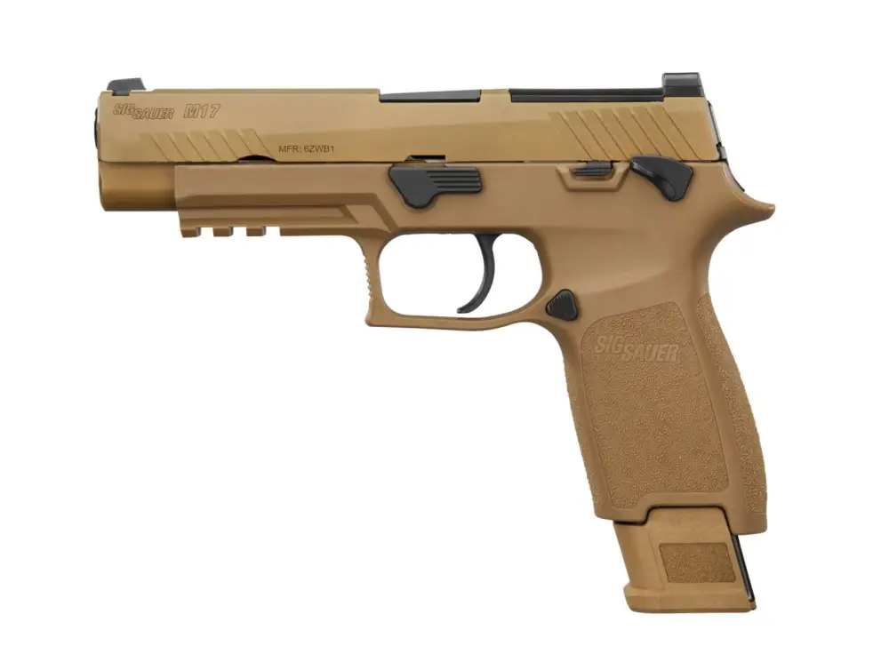 SIG Sauer M17 CSS 9mm coyote pistol with manual safety, left-side view with extended magazine