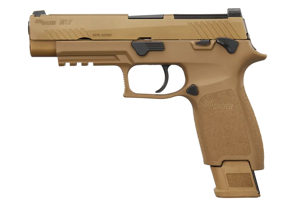SIG Sauer M17 9mm coyote pistol with manual safety and optic-ready slide, left-side view on a black background