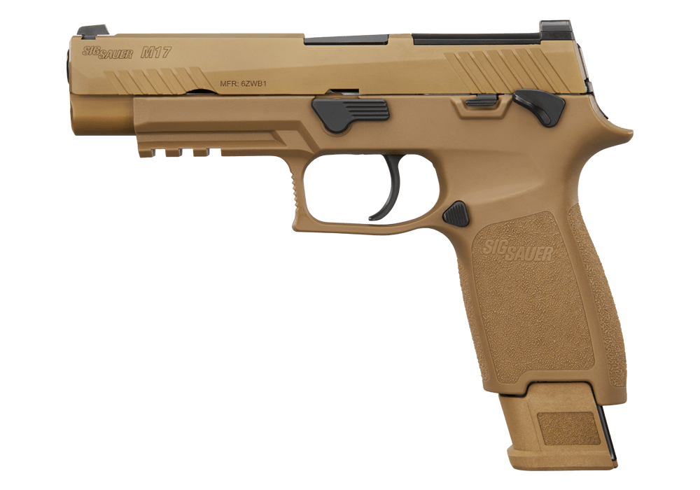 SIG Sauer M17 9mm coyote pistol with manual safety and optic-ready slide, left-side PNG view on a black background