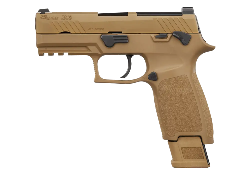 SIG Sauer M18 coyote 9mm pistol, model M18-9-CSS-MS-10 - left profile with an extended magazine on a black background