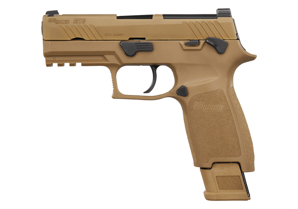 SIG Sauer M18 coyote 9mm pistol, model M18-9-CSS-MS-10 - left profile with an extended magazine