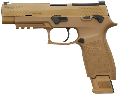 SIG Sauer M17 CSS 9mm coyote pistol with manual safety, right-side view