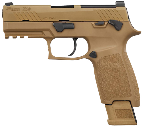 SIG Sauer M18 coyote 9mm pistol, model M18-9-CSS-MS - left-front view with an extended magazine