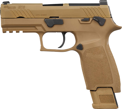 SIG Sauer M18 coyote 9mm pistol, model M18-9-CSS-MS-10 - left-front view showing an extended magazine