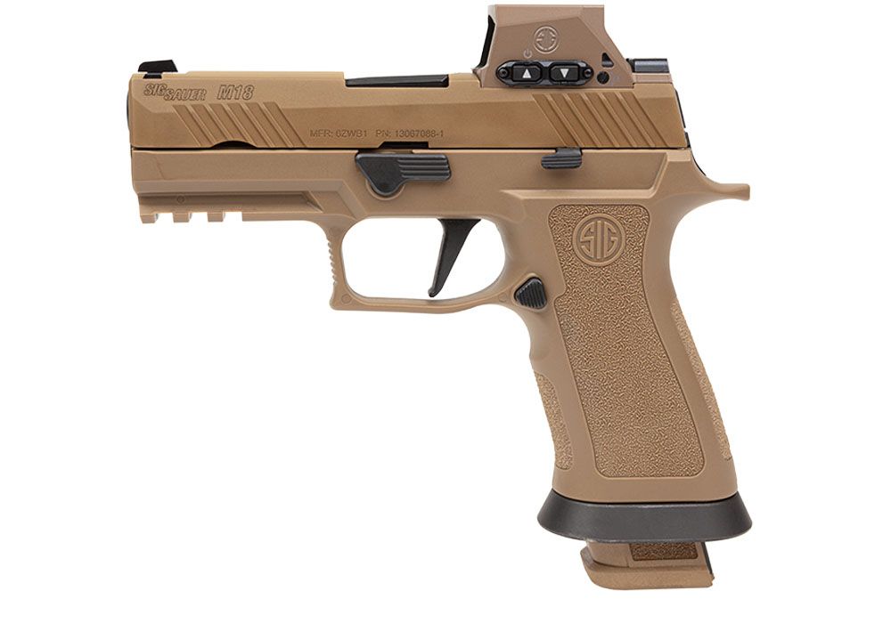 SIG Sauer M18X 9mm coyote pistol with ROMEO-M17, left-side view showing the M18 slide marking