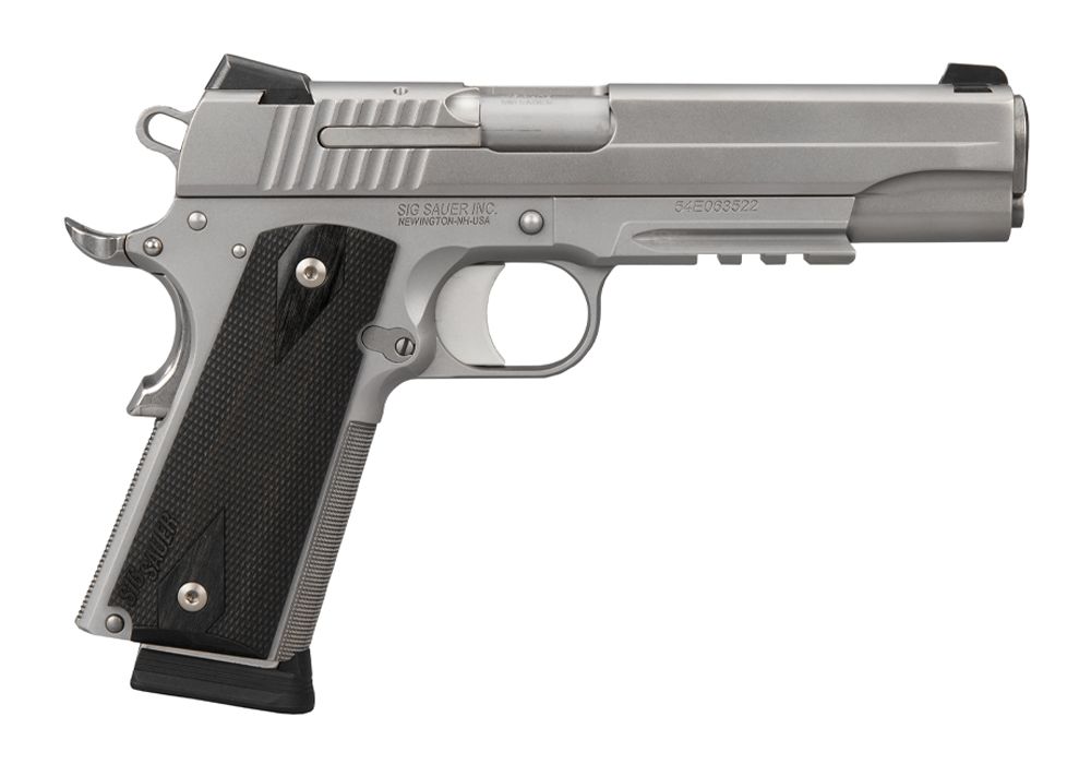 SIG 1911 stainless CA .45 ACP pistol, 5 in. barrel, rosewood grips, 8-round