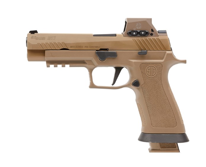SIG Sauer M17X 9mm coyote pistol with ROMEO-M17, left-side view showing the M17 slide marking