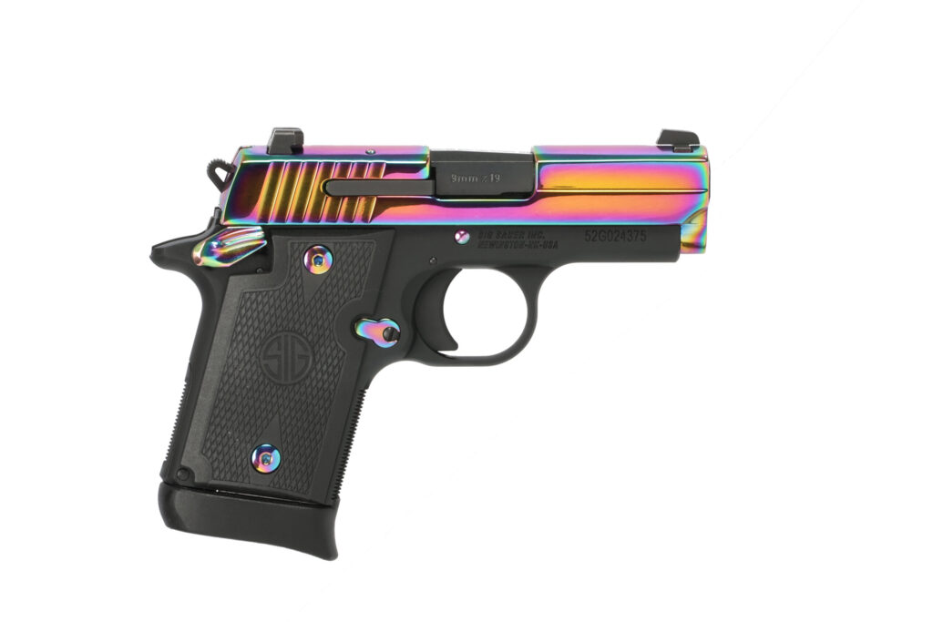 SIG P938 Titanium Rainbow 9mm micro-compact pistol, Rainbow PVD slide, 7-round