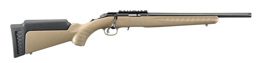 Ruger American Rimfire .22 LR Rifle, 16" Threaded Barrel, Satin Blued Finish, Black and Flat Dark Earth Synthetic Stock, 10+1