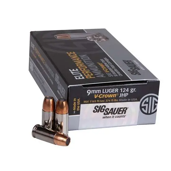 SIG Sauer V-Crown 9mm Luger 124gr JHP Ammo, 50 Rounds