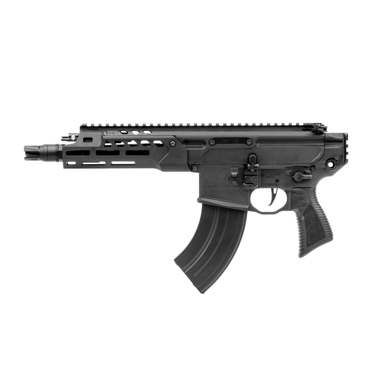 SIG MCX-Rattler LT 7.62x39 pistol with 7.75-inch barrel and curved steel magazine, right-side view