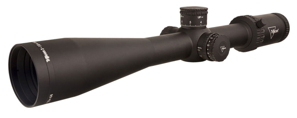Trijicon Tenmile 3-18x44 FFP riflescope in matte black, angled exterior view