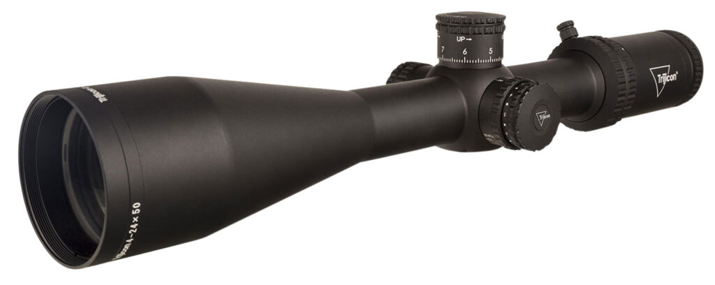 Trijicon Tenmile 4-24x50 SFP riflescope in matte black, angled exterior view