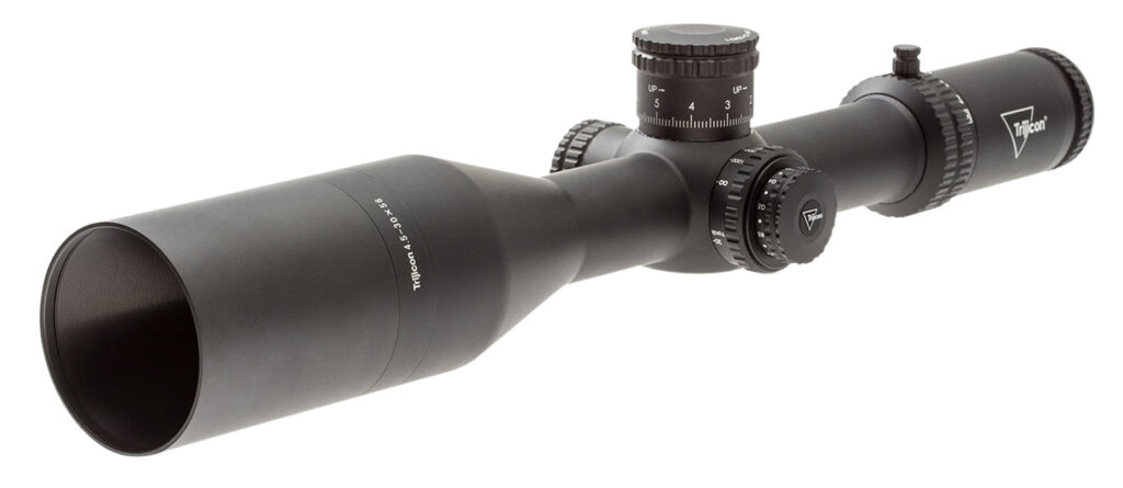 Trijicon Tenmile 4.5-30x56 FFP riflescope in matte black, angled exterior view