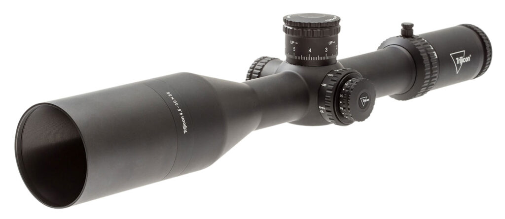 Trijicon Tenmile 4.5-30x56 FFP riflescope in matte black, angled exterior view