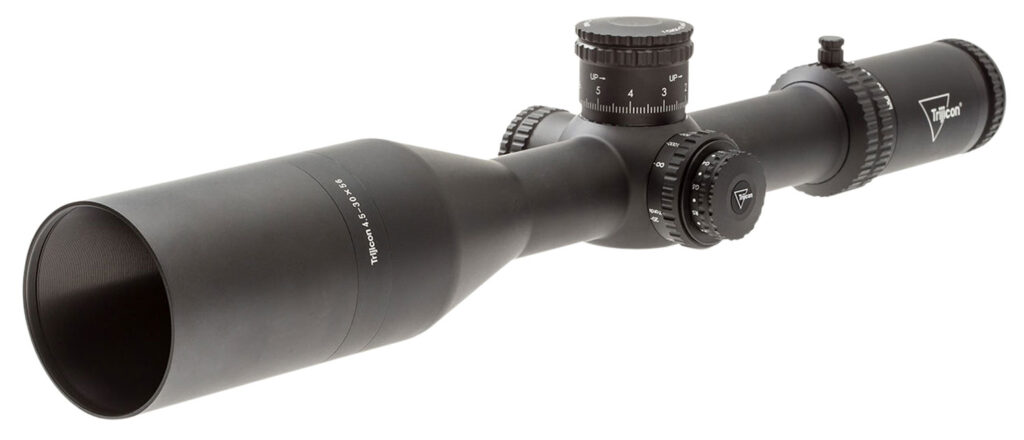 Trijicon Tenmile 4.5-30x56 SFP riflescope in matte black, angled exterior view