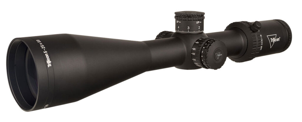 Trijicon Tenmile 5-25x50 SFP riflescope in matte black, angled exterior view