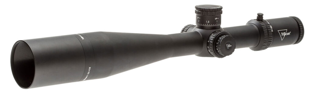 Trijicon Tenmile 5-50x56 SFP riflescope in matte black, angled exterior view