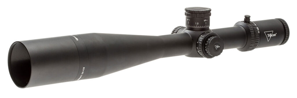 Trijicon Tenmile 5-50x56 SFP riflescope in matte black, angled exterior view
