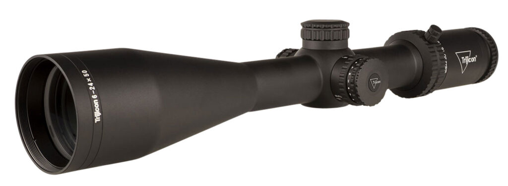 Trijicon Tenmile 6-24x50 SFP riflescope in matte black, angled exterior view