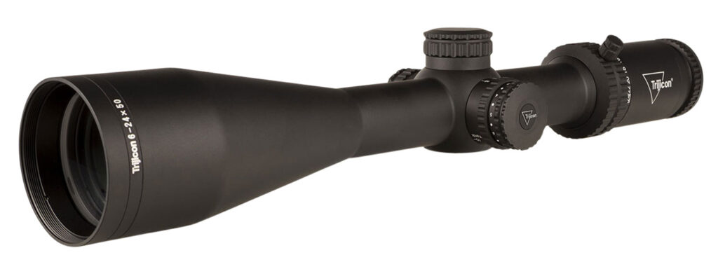 Trijicon Tenmile 6-24x50 SFP riflescope in matte black, angled exterior view