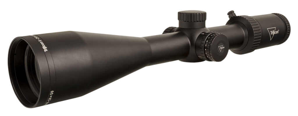 Trijicon Tenmile HX 6-24×50 SFP Riflescope, Green PowerDot MOA Ranging Reticle, Satin Black, angled view