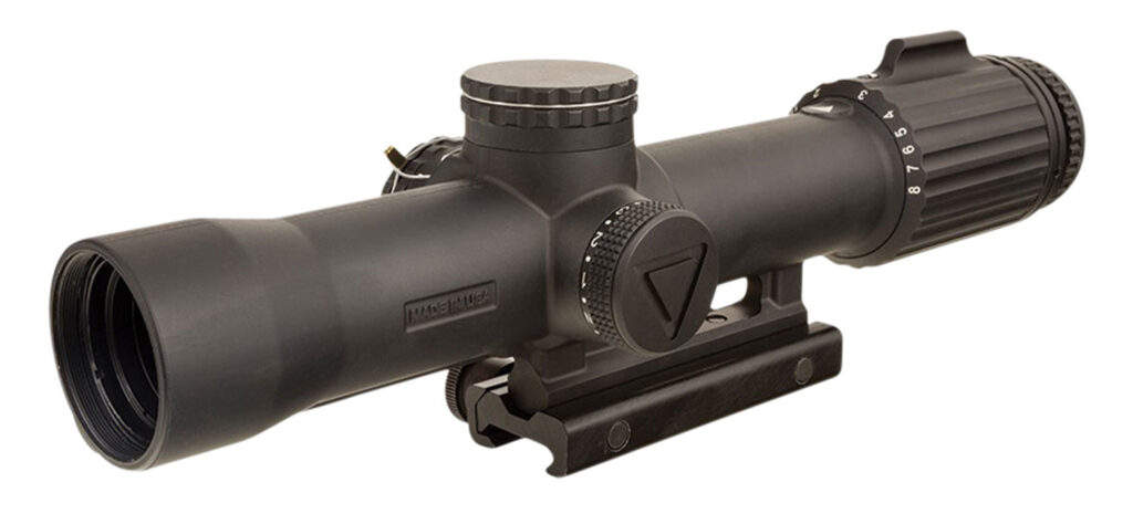 Trijicon VCOG 1-8×28 FFP Riflescope, Red MRAD Crosshair Dot Reticle, Thumbscrew Mount, Black - exterior view