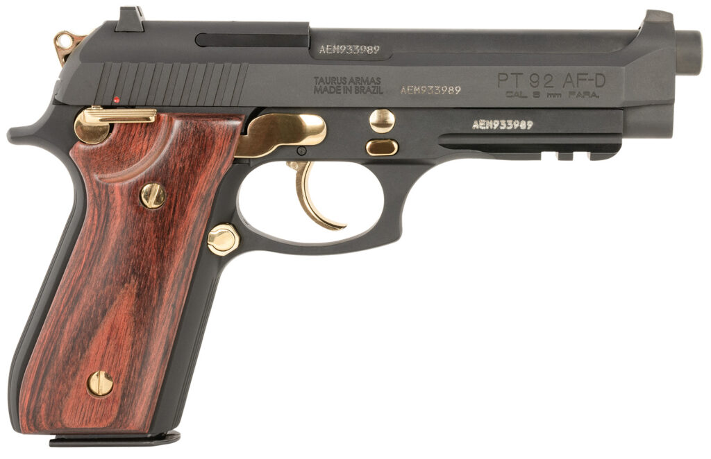 Taurus 92, 9mm Pistol, 5" Barrel, Black/Gold/Wood, Wood Grips, 17+1