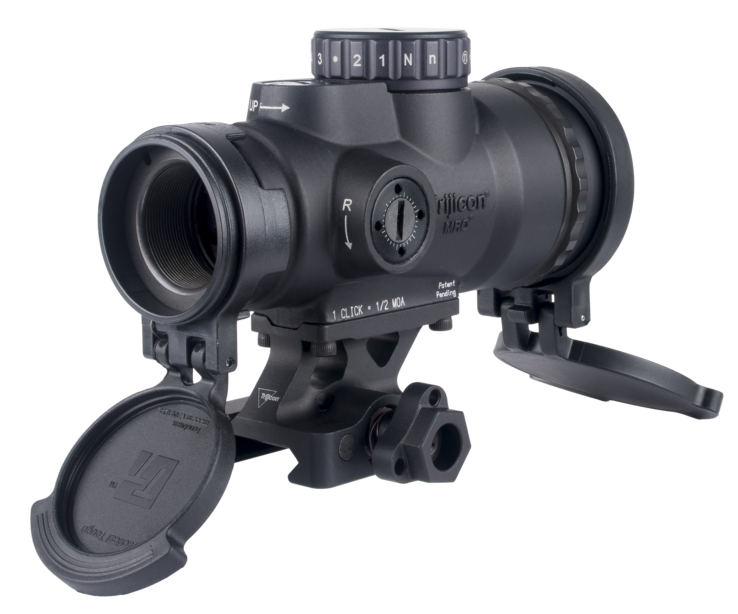 Trijicon MRO HD Patrol 1×25 Red Dot Sight, 2 MOA Dot & 68 MOA Circle, Full Co-Witness Q-LOC Mount, Black - front view with open flip caps and full co-witness Q-LOC mount