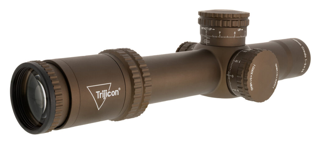 Trijicon Credo 1-8×28 FFP Riflescope, Red/Green MRAD Segmented Circle Reticle, Coyote Brown - angled view
