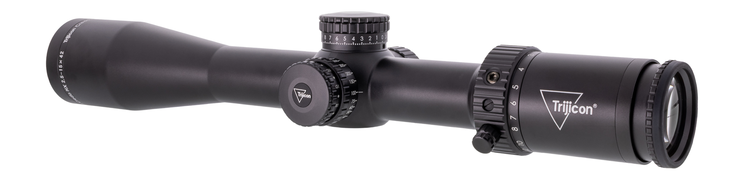 Trijicon Credo HX 2.5-15×42 SFP Riflescope, Red/Green BDC Hunter Holds Reticle, Satin Black - angled view