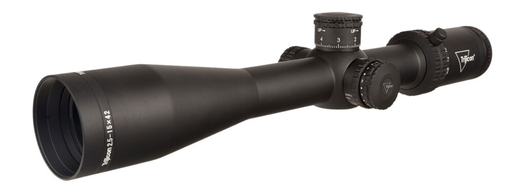 Trijicon Credo 2.5-15×42 SFP Riflescope, Red MRAD Center Dot Reticle, Matte Black - angled view