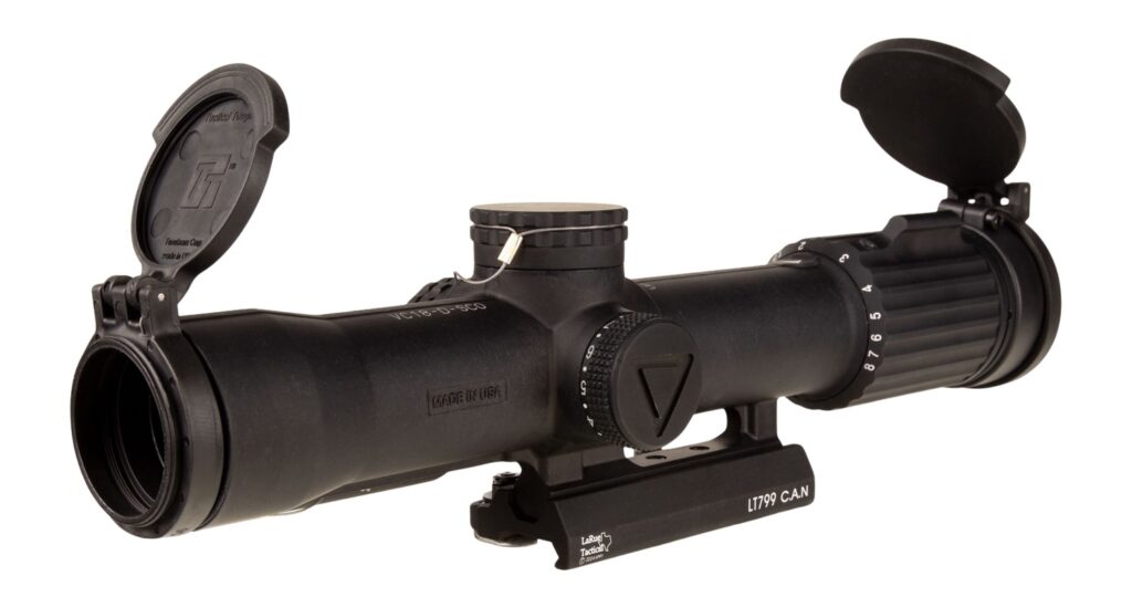 Trijicon VCOG SCO 1-8×28 FFP Riflescope, Red MRAD Segmented Circle Enhanced Reticle, LaRue LT799 Mount, Black - exterior view