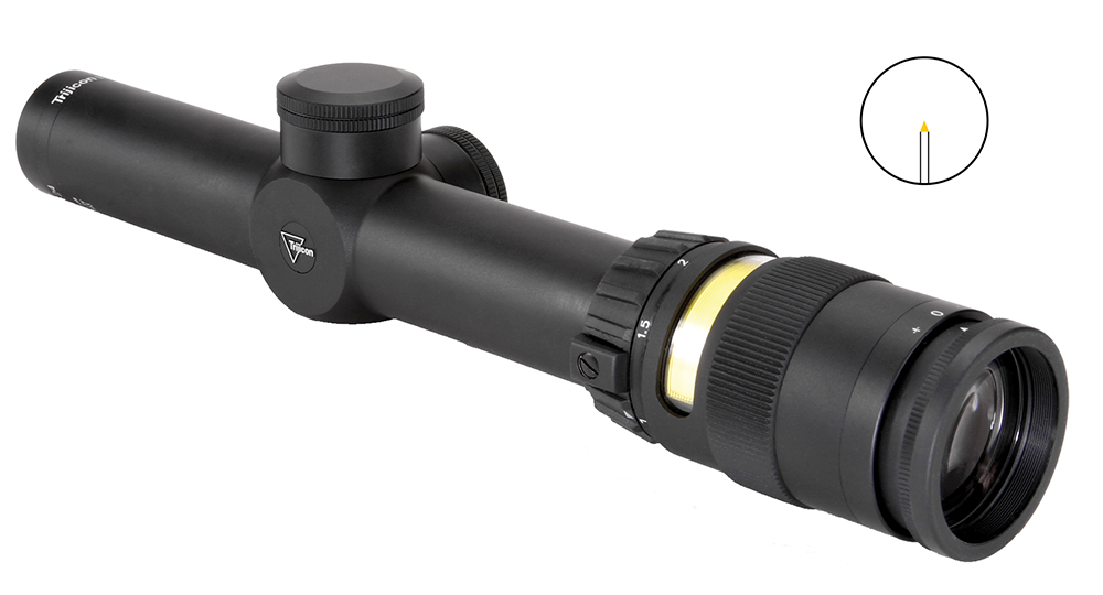 Trijicon AccuPoint 1-4×24 Riflescope, Amber Triangle Post Reticle, Matte Black - scope with reticle inset