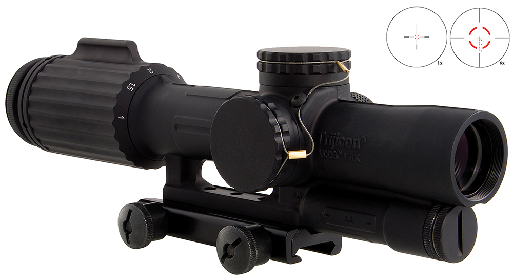Trijicon VCOG 1-6x24 FFP riflescope in black with TA51 mount and red segmented-circle reticle insets