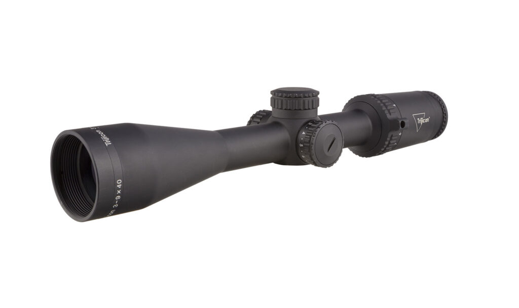 Trijicon Credo 3-9×40 SFP Riflescope, Red MOA Precision Hunter Reticle, Matte Black - angled view
