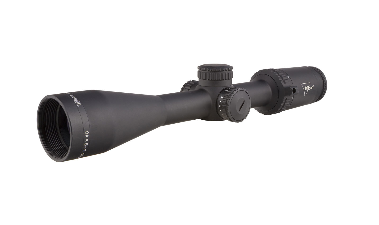 Trijicon Credo 3-9×40 SFP Riflescope, Red MOA Precision Hunter Reticle, Matte Black - angled view