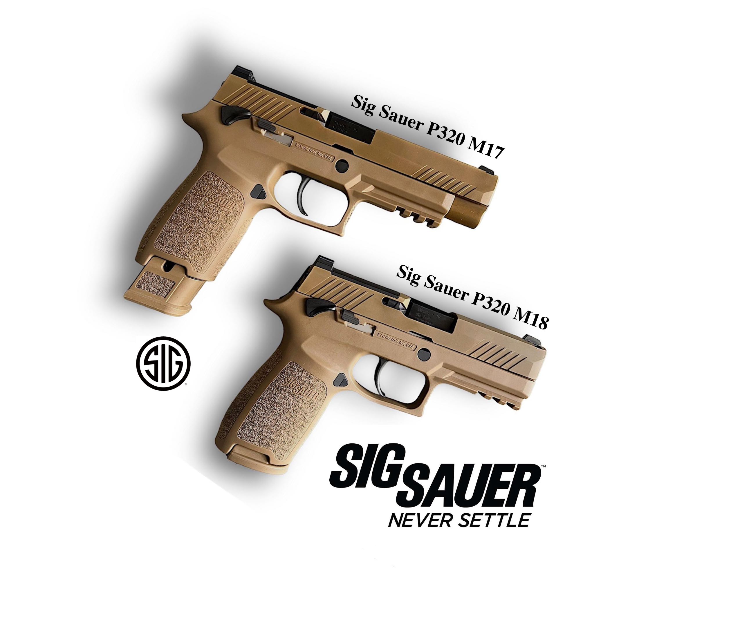 SIG Sauer M18 carry-size coyote 9mm pistol shown with a full-size M17 for size comparison