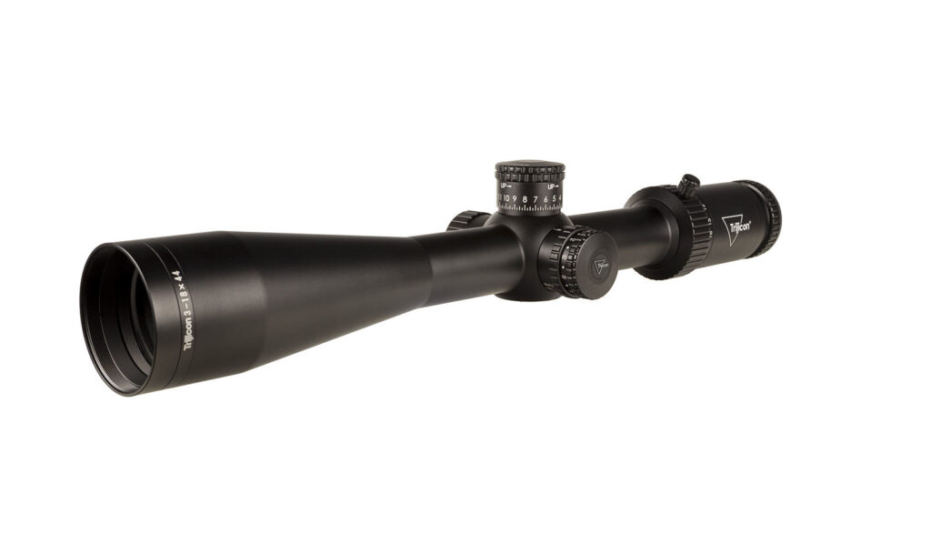 Trijicon Tenmile HX 3-18×44 FFP Riflescope, Red/Green MOA Precision Tree Reticle, Satin Black, angled view