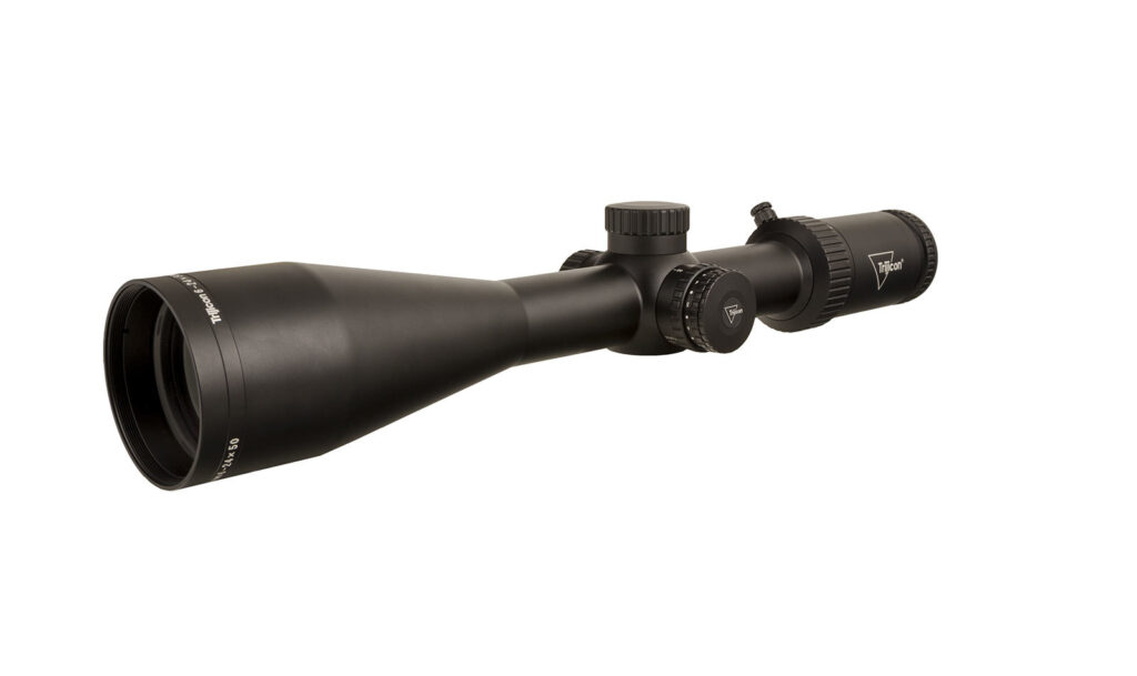 Trijicon Tenmile HX 6-24×50 SFP Riflescope, Red PowerDot MOA Ranging Reticle, Satin Black, angled view
