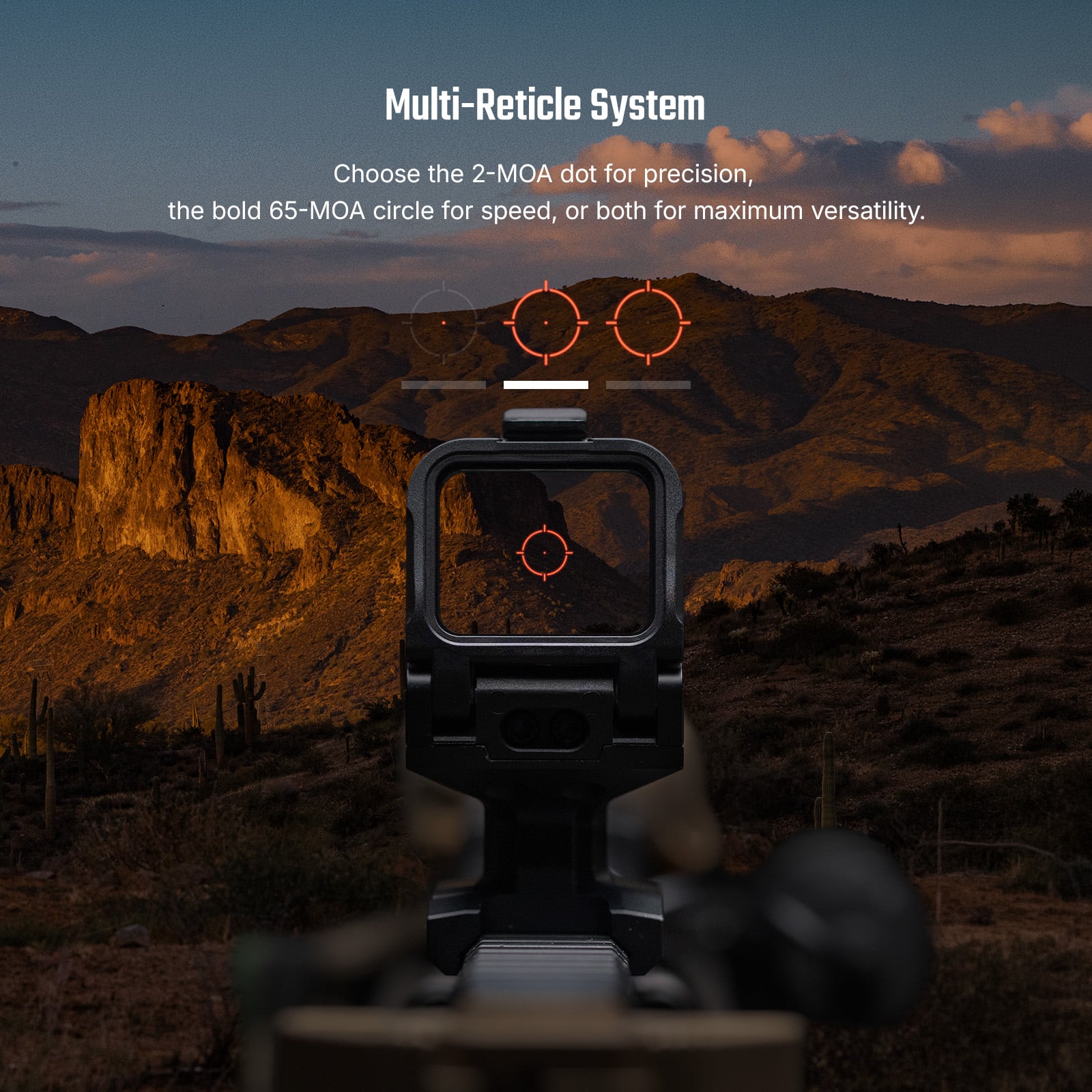 Osight R multi-reticle system with 2 MOA dot and 65 MOA circle