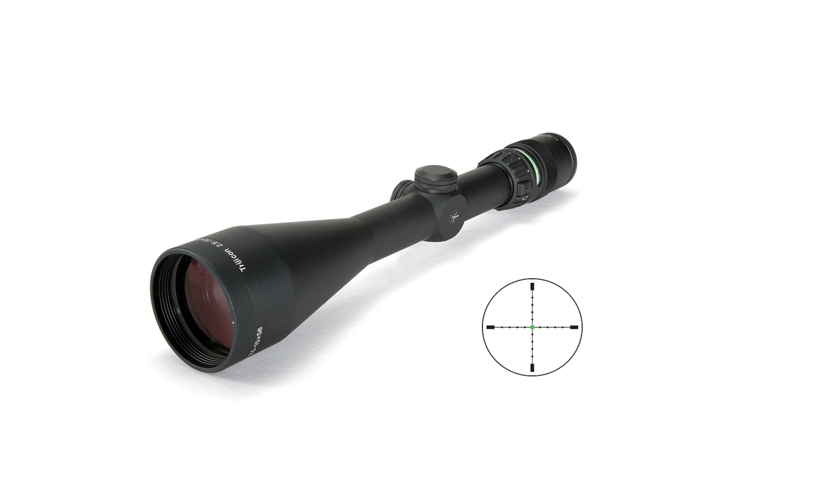 Trijicon AccuPoint 2.5-10x56 scope with green Mil-Dot reticle inset