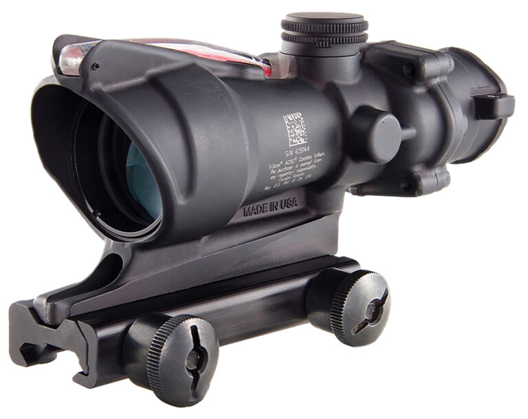 Trijicon ACOG 4x32 scope with a red chevron reticle configuration and TA51 mount