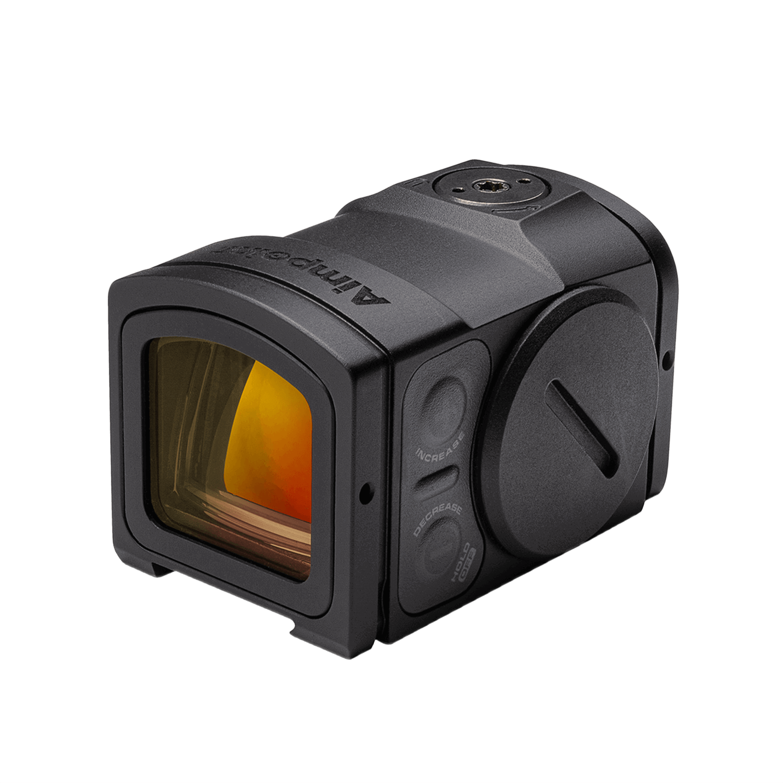 Aimpoint ACRO P-2 enclosed red dot optic showing the side battery cap and brightness controls