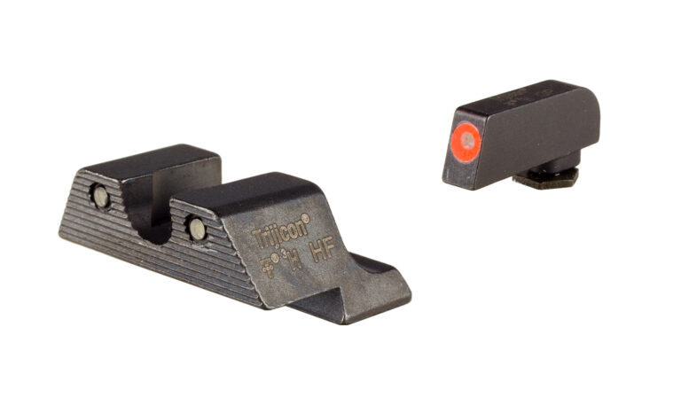 Trijicon HD XR orange-outline night sights with a narrow front post and U-notch rear
